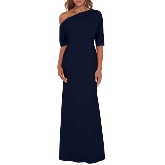 Betsy & Adam Women's 6 Navy One Shoulder Crepe Scuba Trumpet Gown Formal K4-13 - Picture 1 of 9